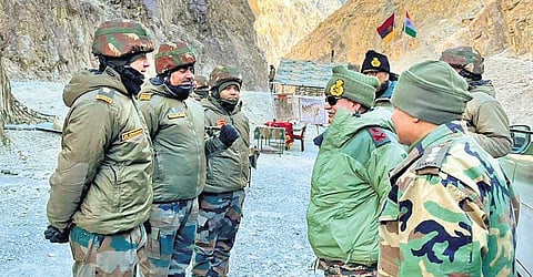 Lt Gen Upendra Dwivedi with army personnel at a forward area in Galwan. (Photo | Twitter)