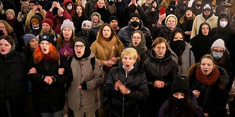 Demonstrators shout slogans in St. Petersburg. (Photo | AP)