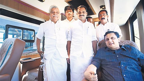 Tourism Minister P A Mohamed Riyas inside a caravan at the Caravan Park at Wagamon on Friday. Idukki MP Dean Kuriakose, Peermade MLA Vazhoor Soman and CPM district secretary C V Varghese are also seen