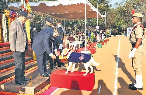 Ravi Gupta, Principal Secretary (Home) reviews the passing out parade of canines at IITA, Moinabad on Saturday. (Photo | EPS)