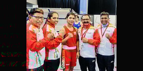 Nikhat Zareen(Centre) after winning gold.(Photo | Twitter)