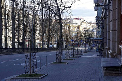 A view of an empty street, due to curfew in the central of Kyiv, Ukraine, Sunday, Feb. 27, 2022. (Photo | AP)