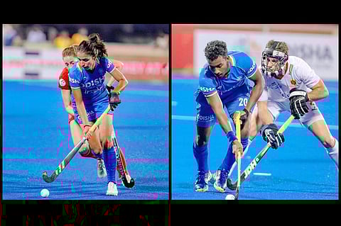 Stills from the win against Spain (Photo | Twitter/Hockey India)