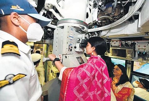 Andhra Pradesh Chief Minister YS Jagan Mohan Reddy’s wife Bharati on board INS Visakhapatnam at the Naval dockyard in Visakhapatnam. (Photo| EPS)