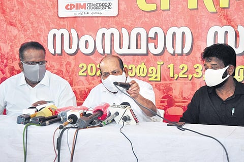 CPM state secretary Kodiyeri Balakrishnan addressing the media in Kochi on Feb 27, 2022, ahead of the party's state conference. (Photo | EPS, A Sanesh)