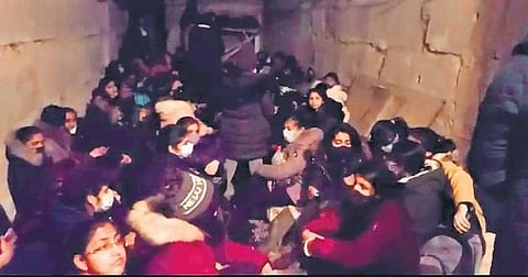 Students of Sumy State University huddled in the bunker as fresh fighting broke out in the north-eastern city on Sunday, Feb 27, 2022.