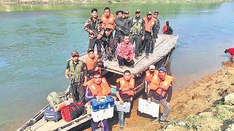 Election officials travel to a polling station in Manipur on Sunday. (Photo | Twitter)