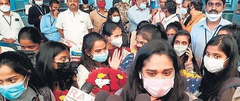 Telangana students who were repatriated from Ukraine were received by State Protocol Team members at Rajiv Gandhi International Airport. (Photo| EPS)