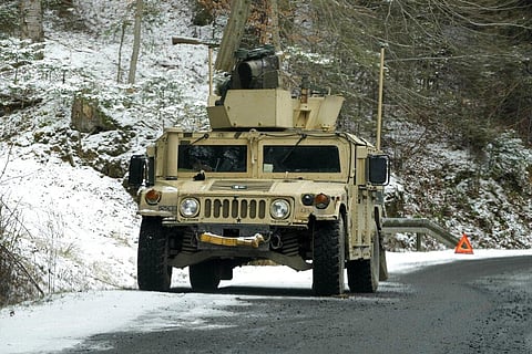 A US military vehicle is stopped in Arlamow, southeastern Poland, near the border with Ukraine, on Monday, Feb. 28, 2022. (Photo | AP)