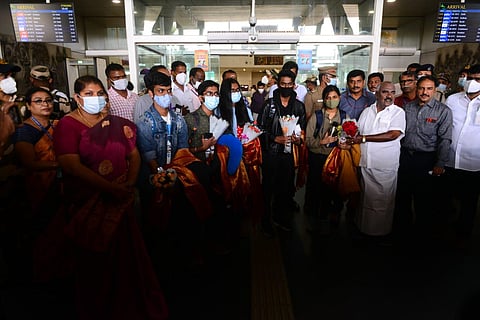 Five students, evacuated from Ukraine, landed at Chennai aiport on Sunday. (Photo | Debadatta Mallick, EPS)