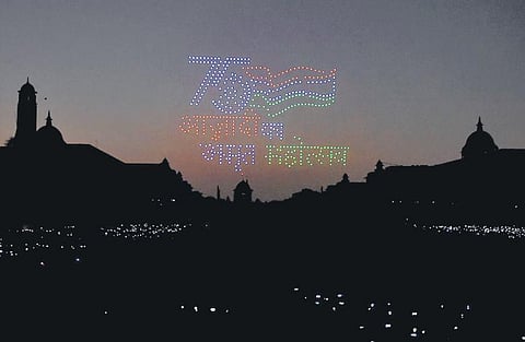 A light show during the Beating Retreat ceremony last week (Photo | PTI)