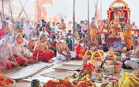 Sri Lakshmi Narayana Maha Yagnam begins with Shobha Yatra at Mucchintal near Shamshabad as part of Sri Ramanujacharya’s birth centenary celebrations on Wednesday. (File photo)