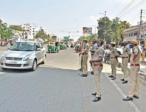 A police picket on BRTS road in Vijayawada on Wednesday. (Photo| P Ravindra Babu)