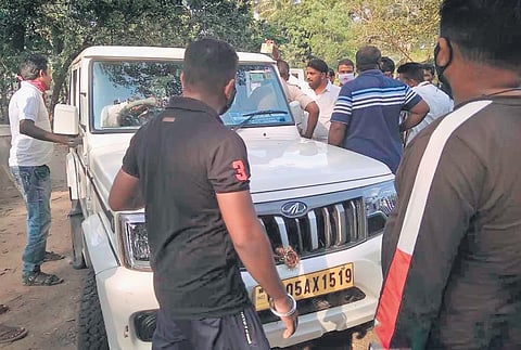 Villagers stop the vehicle of government officials in Naugaon’s Osakana. (Photo | Express)