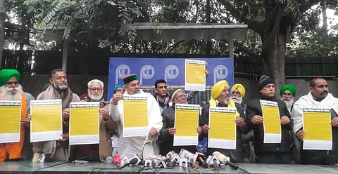 Samyukt Kisan Morcha leader Dr Darshan Pal, Hannan Mollah, Jagjit Singh Dallewal, Joginder Singh Ugrahan, Rakesh Tikait and Yogendra Yadav during a press conference. (Photo | Shekhar Yadav/EPS)