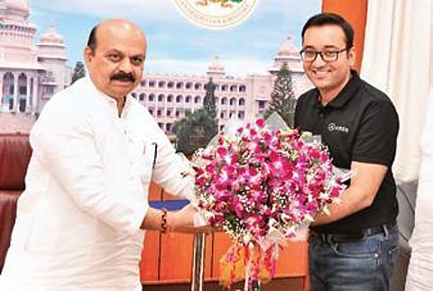 MD, CEO, Co-founder, Ather Energy Tarun Mehta greets CM Basavaraj Bommai in Bengaluru on Thursday