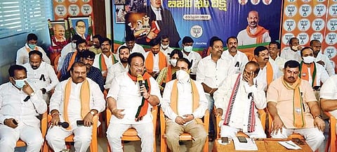 BJP leaders participate in the ‘Bheem Deeksha’ against the CM’s remarks on changing the Constitution, at the party office in Hyderabad. (Photo | R V K Rao)
