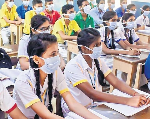 School children attending classes amidst the Covid pandemic.