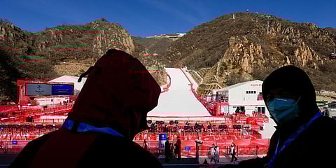 The Alpine skiing track is empty after the men's downhill was cancelled due to weather at the 2022 Winter Olympics, Sunday, Feb. 6, 2022, in the Yanqing district of Beijing. (Photo | AP)