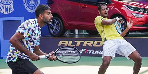 Indian duo Rohan Bopanna and Ramkumar Ramanathan in action against Australia's Luke Saville and John-Patrick Smith at the Tata Open Maharashtra Tennis Tournament in Pune, Feb 6, 2022. (Photo | PTI)
