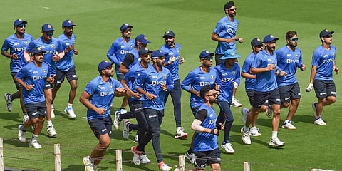 Indian cricket players warm up during a training session, ahead of the first ODI cricket match between India and West Indies, at the Narendra Modi Stadium, in Ahmedabad, Feb. 05, 2022. (Photo | PTI)