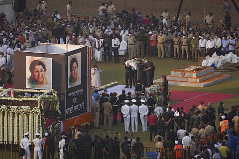 Defense forces carry the body of Lata Mangeshkar during funeral, in Mumbai, India, Sunday, Feb.6, 2022. (Photo | AP)