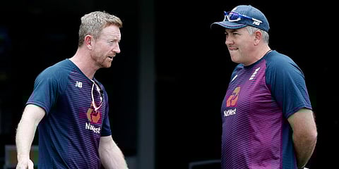 FILE - England coach Chris Silverwood, right, talks with assistant Paul Collingwood during a training session ahead of second Test against NZ at Seddon Park in Hamilton, Nov 28, 2019. (Photo | AP)