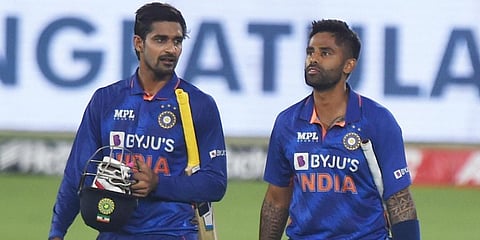 India's Suryakumar Yadav and Deepak Hooda after the first ODI cricket match between India and West Indies, at the Narendra Modi Stadium, in Ahmedabad, Sunday, Feb 6, 2022. (Photo | PTI)