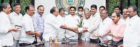 Leaders of employees’ unions meet Chief Minister YS Jagan Mohan Reddy at his camp office in Tadepalli on Sunday I Express
