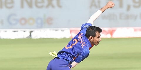 India's Yuzvendra Chahal bowls during the first ODI cricket match between India and West Indies, at the Narendra Modi Stadium, in Ahmedabad. (Photo | PTI)
