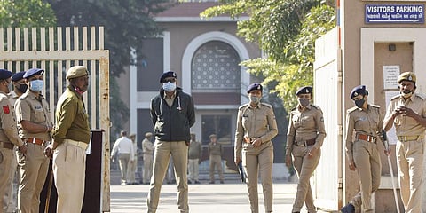 Security personnel outside the Sessions Court during verdict day in the case related to the 2008 Ahmedabad serial bomb blasts, in Ahmedabad. (Photo| PTI)