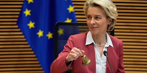 European Commission President Ursula von der Leyen rings a bell to signal the start of a meeting of the College of Commissioners at EU headquarters in Brussels, Feb 8, 2022. (Photo | AP)