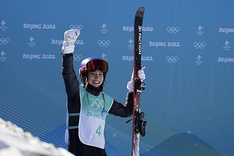 Eileen Gu, of China, reacts after winning the women's freestyle skiing big air finals of the 2022 Winter Olympics. (Photo | AP)