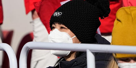 China's Peng Shuai watches the women's freestyle skiing big air finals at the 2022 Winter Olympics, Tuesday, Feb. 8, 2022, in Beijing. (Photo | AP)