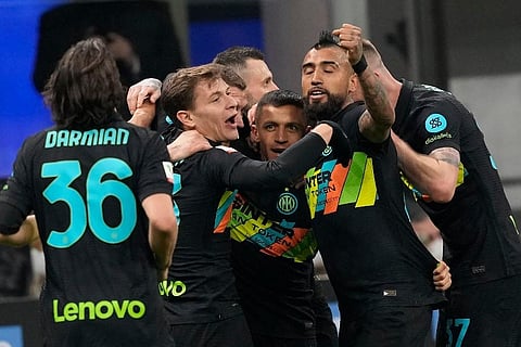 Inter Milan's Alexis Sanchez, center, celebrates with his teammates his goal against Roma during the Italian Cup soccer at the San Siro stadium, in Milan, Italy. (Photo | AP)