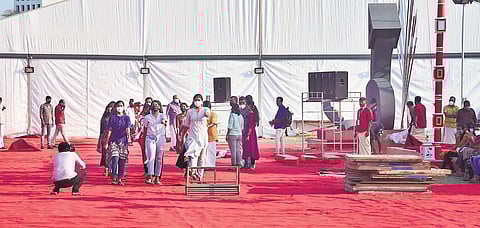 Women volunteers rehearsing the parade at the Marine Drive ground, the venue of the CPM state conference | ALBIN mATHEW