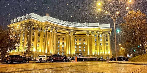 The building of Ukrainian Foreign Ministry is seen during snowfall in Kyiv, Ukraine. Prior to the invasion and war by Russia, hackers knocked offline Ukrainian government websites. (Photo | AP)