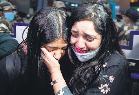 Parents and relatives of students arriving from Ukraine break down after being reunited with their loved ones at Delhi’s IGI Airport on Monday, Feb 28, 2022. (Photo | EPS, Shekhar Yadav)