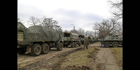 A convoy of military trucks parked in a street in Mykolaivka, Donetsk region, the territory controlled by pro-Russian militants, eastern Ukraine(Photo | AP)