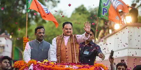 BJP chief JP Nadda being welcomed as he arrives at the BJP Headquarters following the party's win in Assembly elections of Uttar Pradesh and others states, in New Delhi. (Photo | PTI)