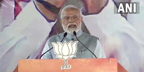 PM Narendra Modi speaking during the victory celebrations at BJP headquarters in New Delhi on Thursday. (Photo | ANI)
