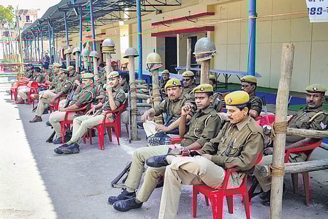 Police personnel on duty at a counting centre in Varanasi on Wednesday. (Photo | PTI)