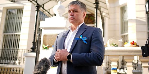 Ambassador of Ukraine to the UK, Vadym Prystaiko, speaks to the media outside the Ukrainian embassy in London. (Photo | AP)