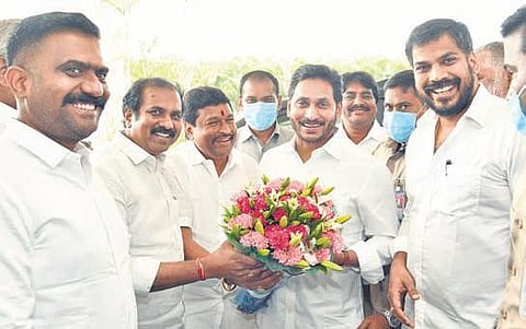 Ministers and MLAs congratulate Chief Minister YS Jagan Mohan Reddy on the State winning 56 SKOCH Awards, outside the Assembly on Thursday | Express