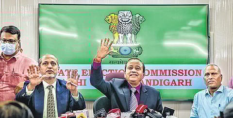 State Election Commission members address a press conference on MCD polls (Photo | PTI)