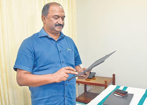 Finance Minister K N Balagopal gives finishing touches to the budget at the Government Guest House in Thiruvananthapuram on Thursday | B P Deepu