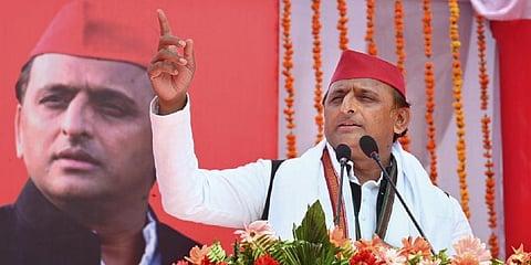 Samajwadi Party President Akhilesh Yadav during an election campaign rally in Jalalpur, Ambedkar.(Photo | AP)