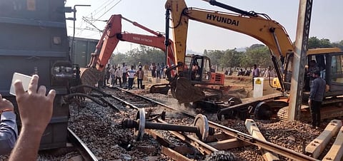 Goods train derailed at Bheja railway station. ( Photo | EPS)