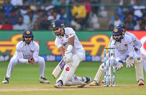 Indian batter Shreyas Iyer plays a shot during the first day of 2nd test cricket match between India and Sri Lanka. (Photo | PTI)