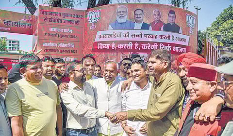 Newly-elected BJP MLAs at the party office in Dehradun on Saturday | pti